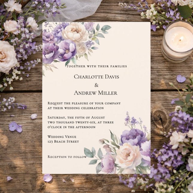 Lavender champagne cream floral wedding invitation (Creator Uploaded)