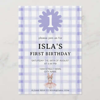 Lavender Check Bunny Ballerina Birthday Invitation