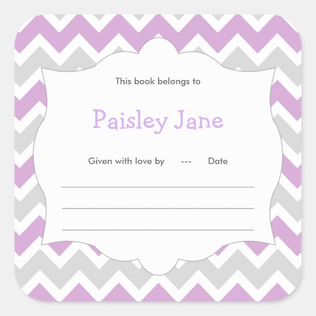 Lavender Chevron Book baby shower Bookplate label (Front)