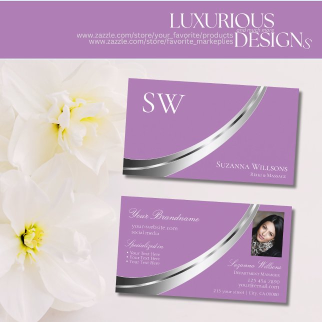 Lavender Chic Silver Decor with Monogram and Photo Business Card (Creator Uploaded)