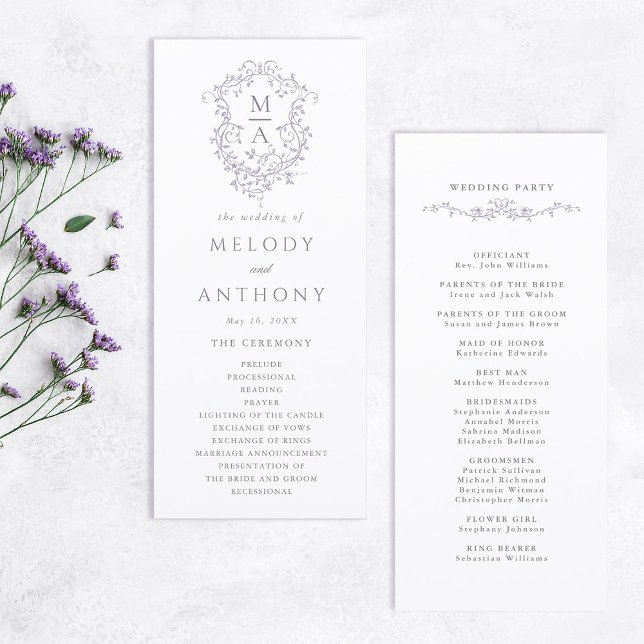 Lavender Classic Floral Crest Wedding Ceremony Program (Front & Back)