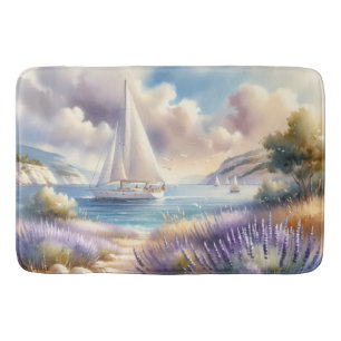 Lavender Coast Sailboat Watercolor Scene Bath Mat