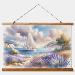 Lavender Coast Sailboat Watercolor Scene Hanging Tapestry