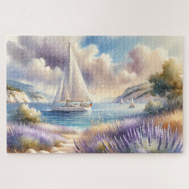 Lavender Coast Sailboat Watercolor Scene Jigsaw Puzzle (Horizontal)