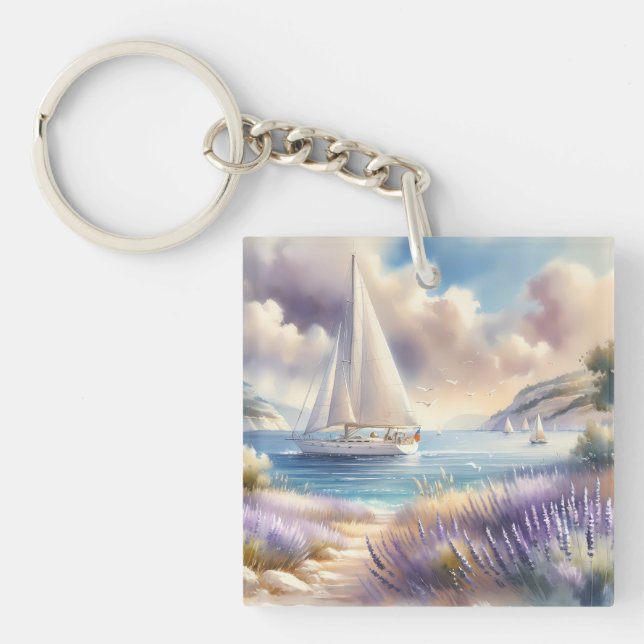 Lavender Coast Sailboat Watercolor Scene Keychain (Front)