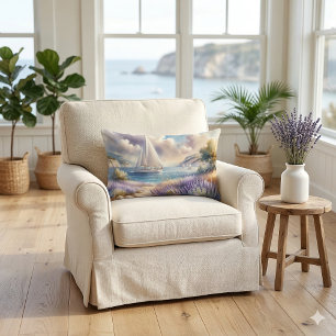 Lavender Coast Sailboat Watercolor Scene Lumbar Pillow