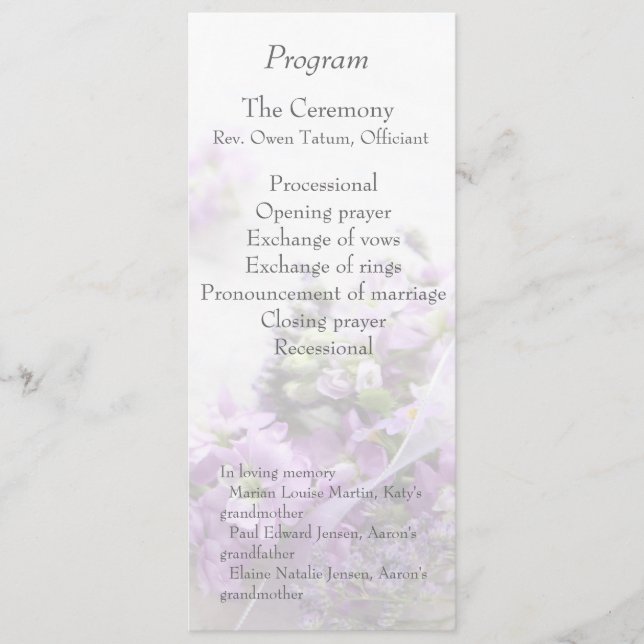 Lavender-coloured flowers fade wedding program (Front)