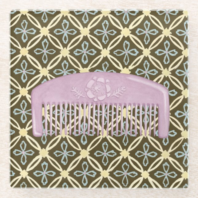 Lavender Comb on Chocolate Background Glass Coaster (Front)