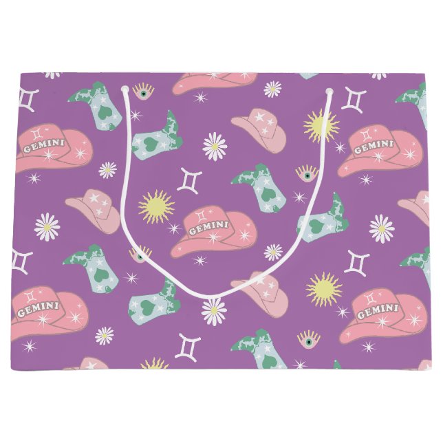 Lavender Cowgirl Gemini Zodiac Pattern Aesthetic Large Gift Bag (Front)