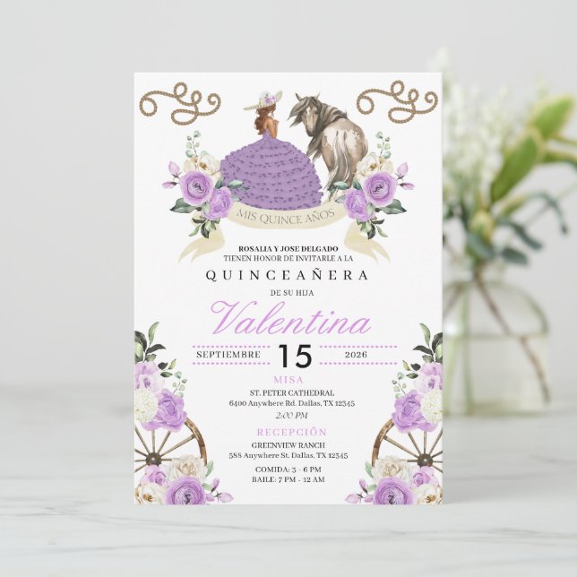 Lavender Cowgirl Ranch Horse Roses Quinceañera Invitation (Standing Front)