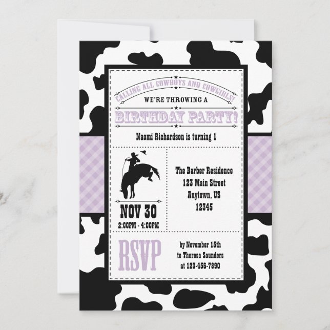 Lavender Cowhide Cowboy Birthday Invitation (Front)