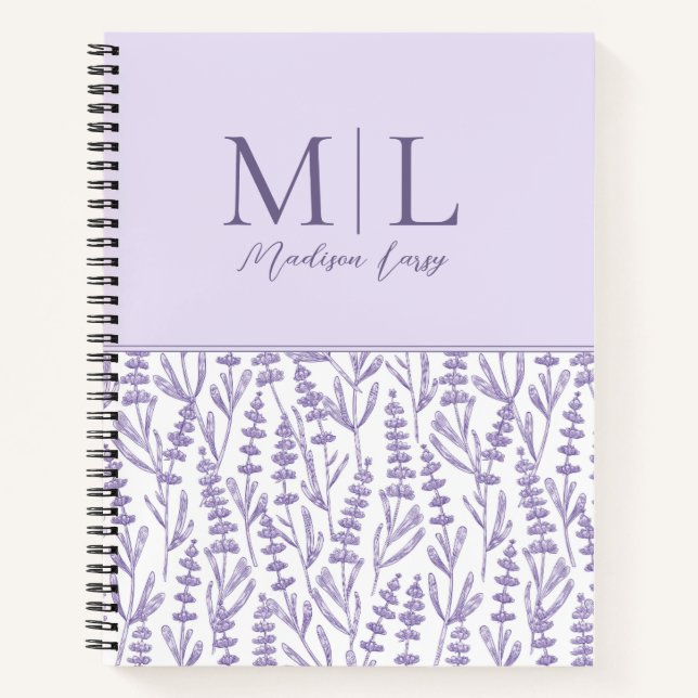 Lavender Cute Floral Monogram Personalized Name Notebook (Front)