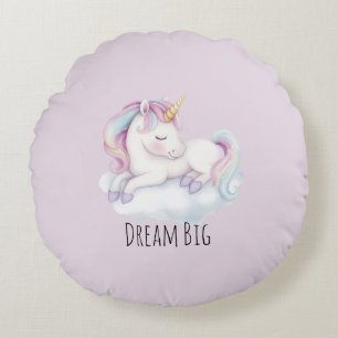 Lavender Cute Unicorn on a Cloud Dream Round Pillow