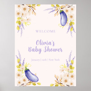 Lavender Daisy Floral Eggplant Baby Shower Welcome Poster