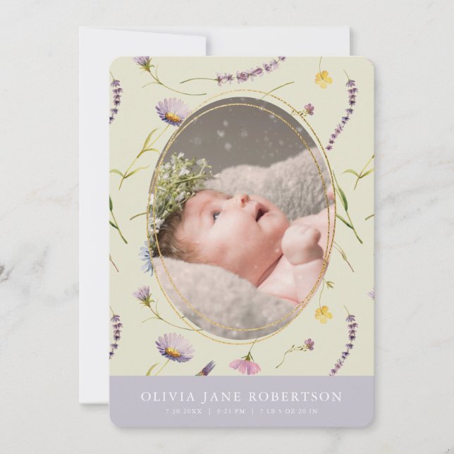 Lavender & Daisy Girl Photo Birth Announcement (Front)