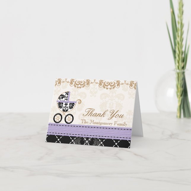 LAVENDER Damask Baby Carriage Shower Thank You (Front)