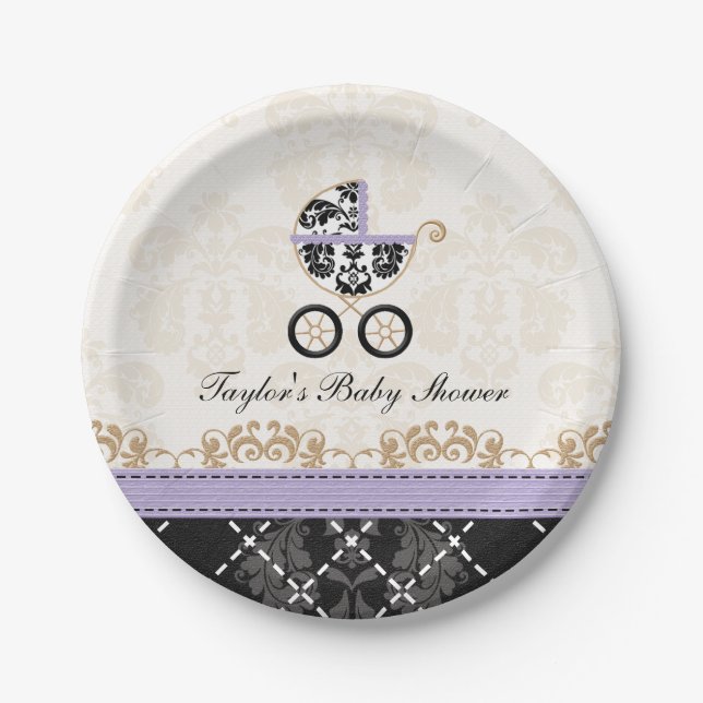 Lavender Damask Carriage Baby Shower Paper Plate (Front)