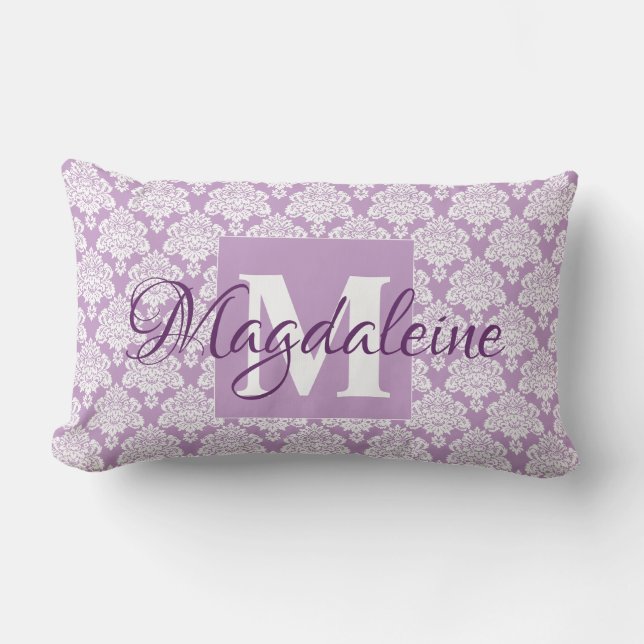 Lavender Damask Coussin avec Monogram & Name (Recto)