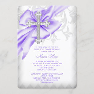 Lavender Damask Cross First Communion Invitation