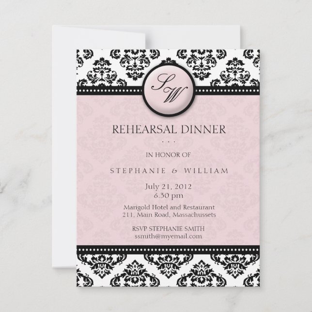 Lavender Damask Monogram Rehearsal Dinner Card (Front)