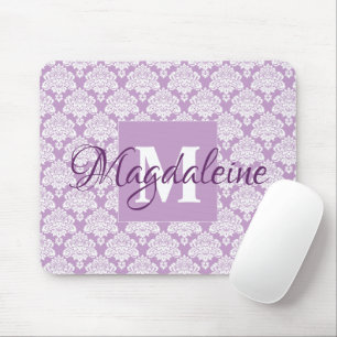 Lavender Damask Mouse Pad with Monogram & Name