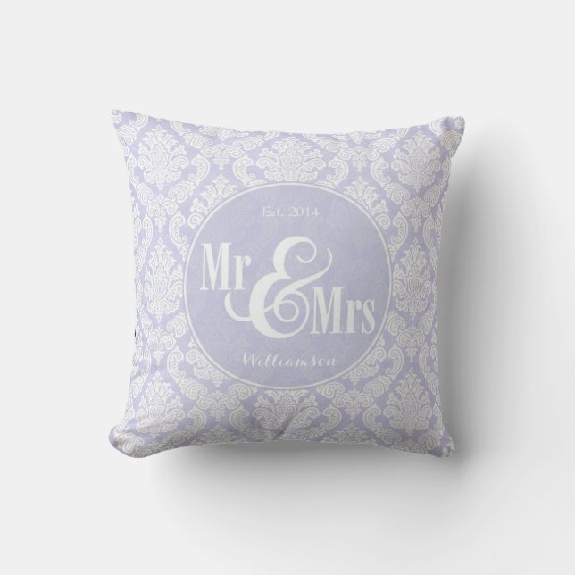 Lavender Damask "Mr & Mrs" pillow, personalized Throw Pillow (Front)