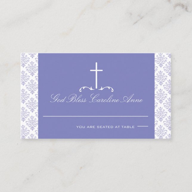 Lavender Damask with Cross Seating Card (Front)