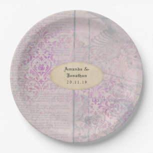 Lavender Decoupage Damask Wedding Paper Plate