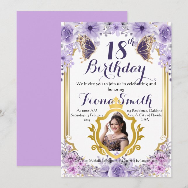 Lavender Dream Floral Birthday Invitation Card (Front/Back)