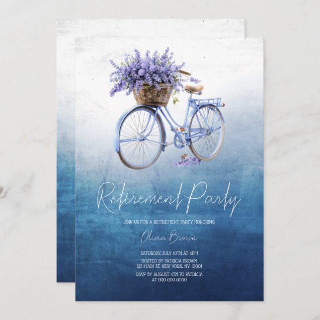 Lavender Dreams, Floral Bicycle Retirement Party Invitation (Front/Back)