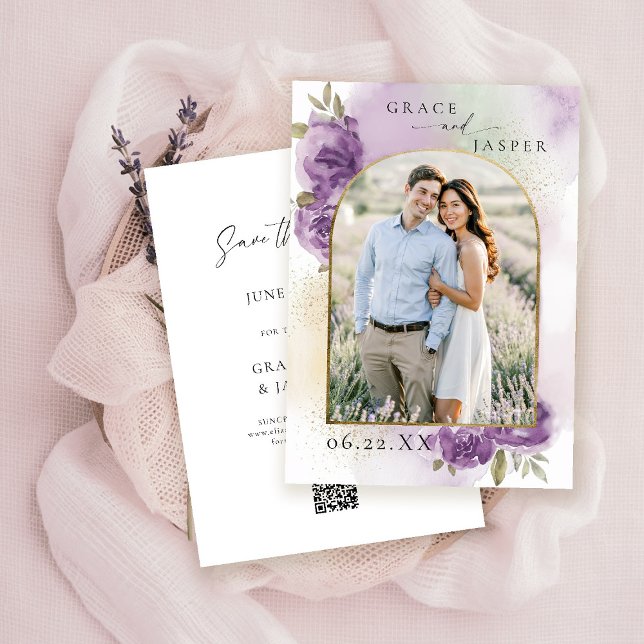 Lavender Dreamy Rustic Photo Wedding Save the Date (purplegold boho arch photo wedding save the date watercolor elegant floral mauve green barn ranch)