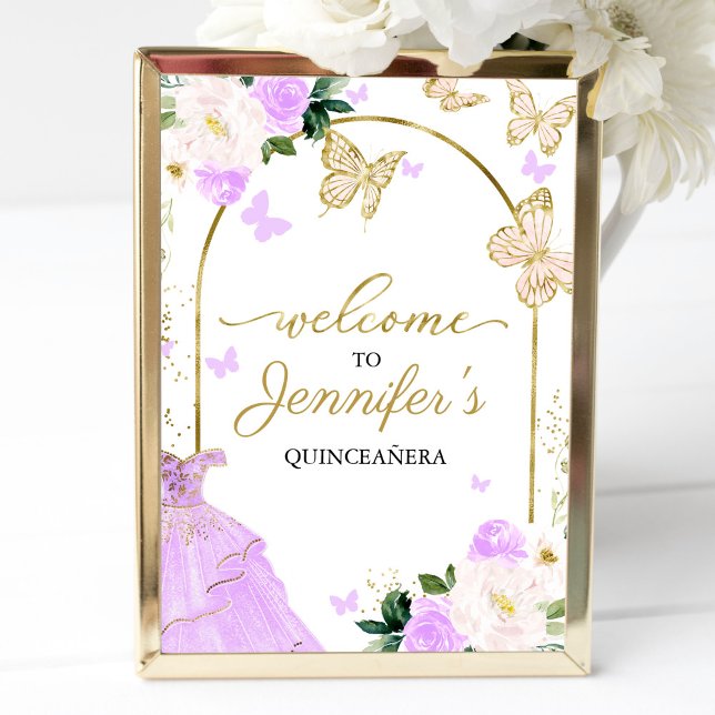 Lavender Dress Butterfly Quinceanera Welcome Sign (Creator Uploaded)