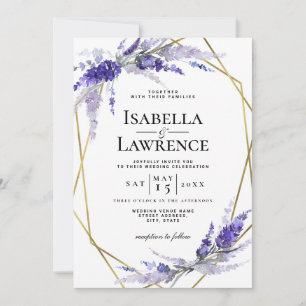 Lavender Dusty Purple Floral Gold Frame Wedding Invitation