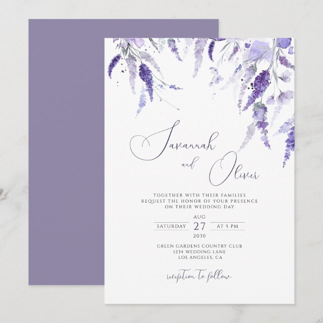 Lavender Dusty Purple Violet Lilac Floral Wedding  Invitation (Front/Back)