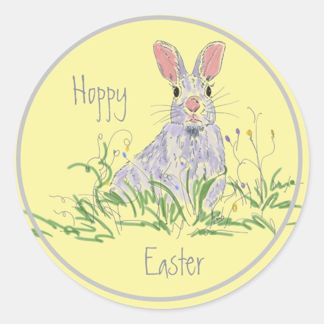 Lavender Easter Bunny Yellow Background  Classic Round Sticker (Front)