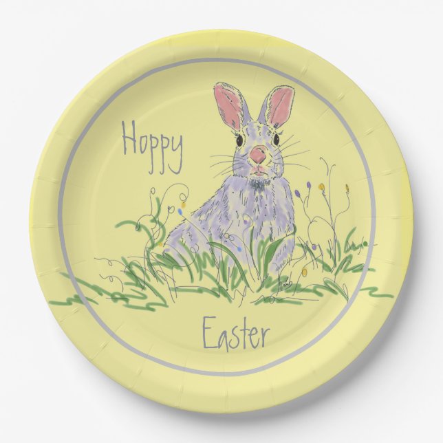Lavender Easter Bunny Yellow Background   Paper Plate (Front)