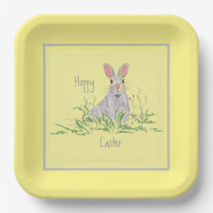 Lavender Easter Bunny Yellow Background Square  Pa Paper Plate