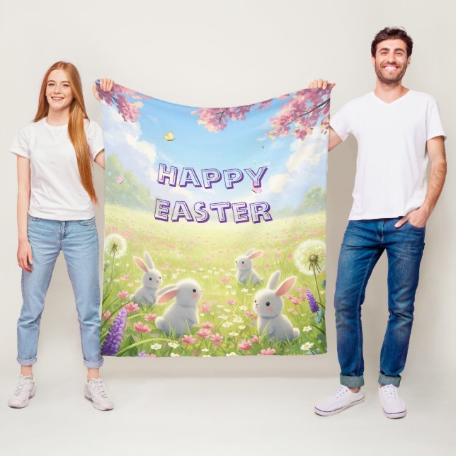Lavender Easter Cute White Bunny Floral Spring  Fleece Blanket (In Situ)
