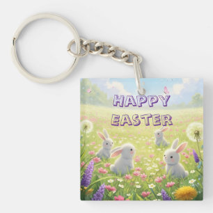 Lavender Easter Cute White Bunny Floral Spring Keychain