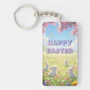 Lavender Easter Cute White Bunny Floral Spring  Keychain