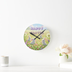 Lavender Easter Cute White Bunny Floral Spring Round Clock