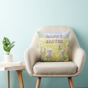 Lavender Easter Cute White Bunny Floral Spring Throw Pillow