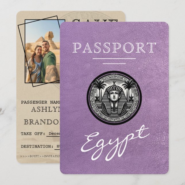 Lavender Egypt Passport Wedding Save the Date (Devant / Derrière)