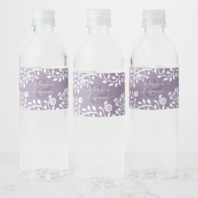  Lavender Elegant Boho Floral Personalized Wedding Water Bottle Label (Bottles)