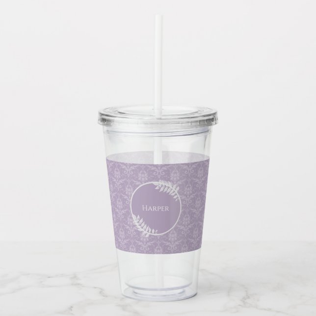 Lavender Elegant Damask Personalized Acrylic Tumbler (Front)