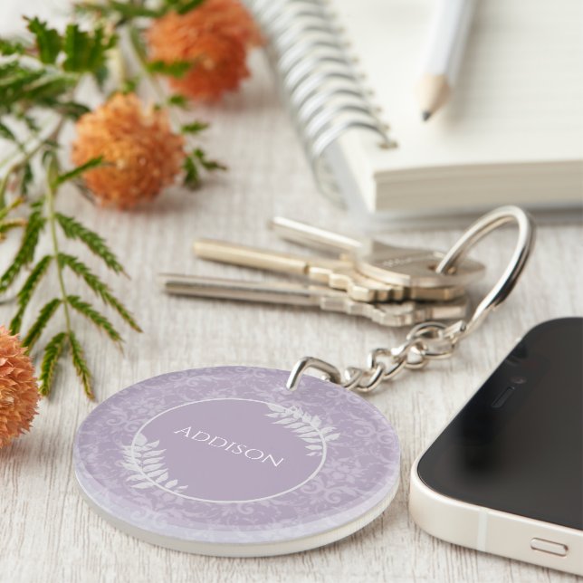 Lavender Elegant Damask Personalized Keychain (Front Right)