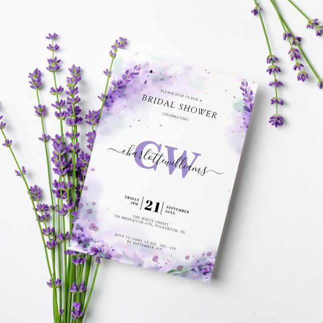 Lavender Elegant Watercolor Monogram Bridal Shower Invitation (Creator Uploaded)