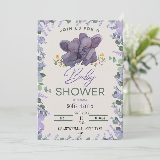 Lavender Elephant Baby Shower Invitation (Standing Front)