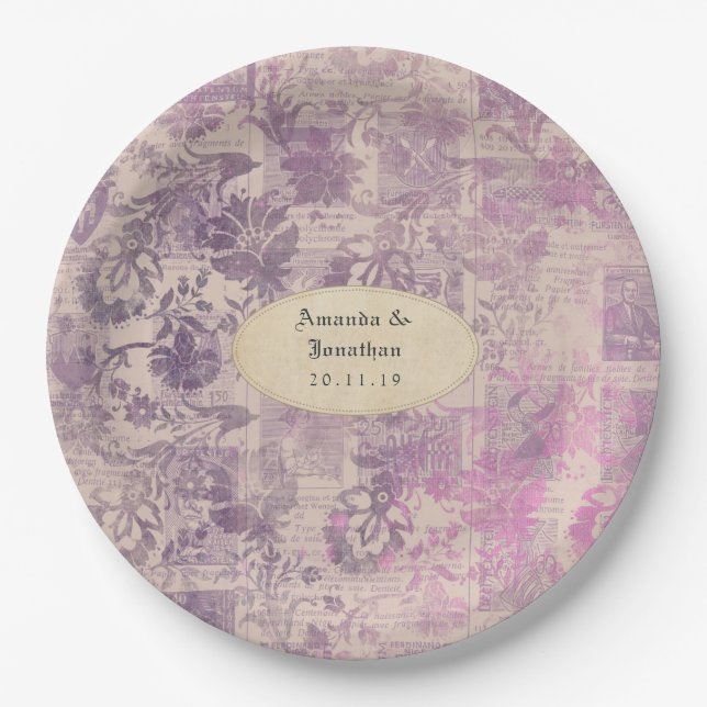 Lavender Ephemera Damask Wedding Paper Plate (Front)