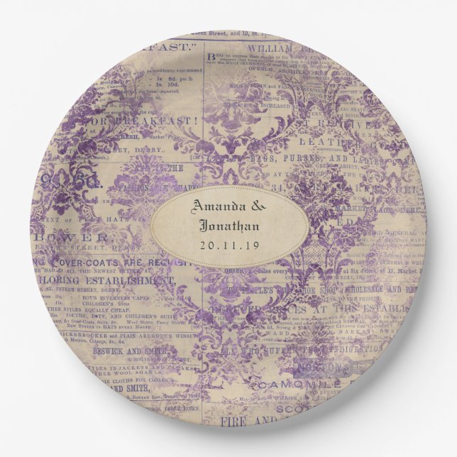 Lavender Ephemera Wedding Paper Plate (Front)